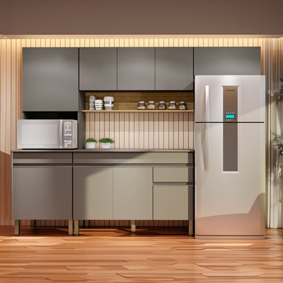 Armário de Cozinha com Balcão Silver 9 Portas 1 Gaveta Gris/Freijó - Pnr Móveis