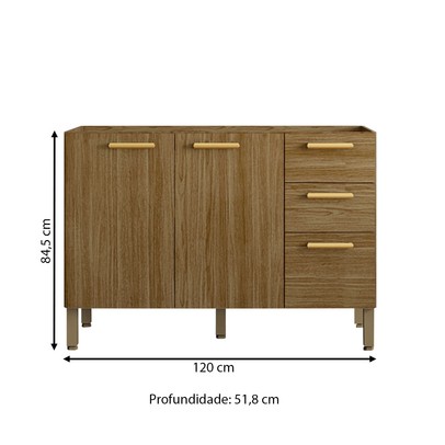 Balcão de Cozinha para Pia 120 Cm England 3 Portas 2 Gavetas Freijó - Pnr Móveis