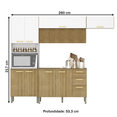Armário de Cozinha com Balcão England 12 Portas 2 Gavetas Ripado 3d Freijó/Supremo - Pnr Móveis