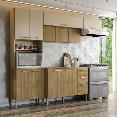 Armário de Cozinha com Balcão England 12 Portas 2 Gavetas Ripado 3d Freijó/Vanilla - Pnr Móveis