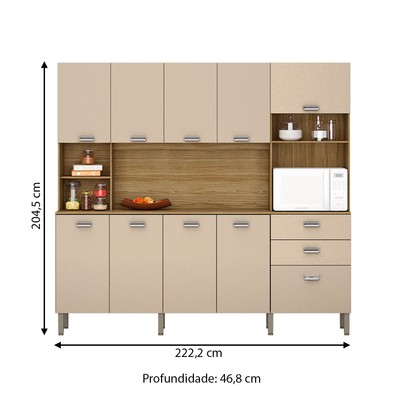 Armário de Cozinha com Balcão July 10 Portas 2 Gavetas Freijó/Vanilla - Pnr Móveis