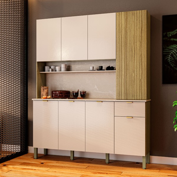 Armário de Cozinha com Balcão Bien 8 Portas 1 Gaveta Freijó/Vanilla - Pnr Móveis