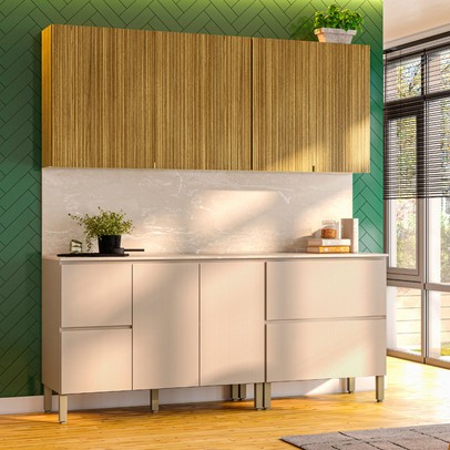 Armário de Cozinha com Balcão Insel 8 Portas 3 Gavetas Freijó/Vanilla - Pnr Móveis