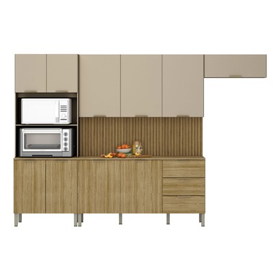 Armário de Cozinha com Balcão Monza 10 Portas 3 Gavetas Ripado 3d Freijó/Vanilla - Pnr Móveis