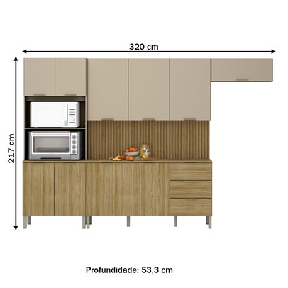 Armário de Cozinha com Balcão Monza 10 Portas 3 Gavetas Ripado 3d Freijó/Vanilla - Pnr Móveis