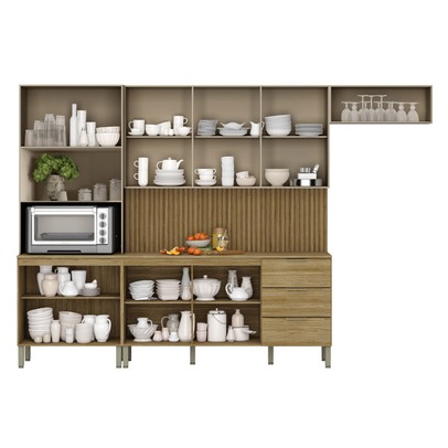 Armário de Cozinha com Balcão Monza 10 Portas 3 Gavetas Ripado 3d Freijó/Vanilla - Pnr Móveis