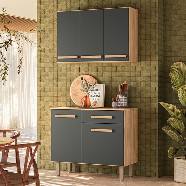 Armário de Cozinha Lemon 5 Portas 1 Gaveta Freijó/Chumbo - Nicioli