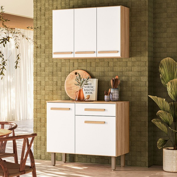 Armário de Cozinha Lemon 5 Portas 1 Gaveta Freijó/Off White - Nicioli