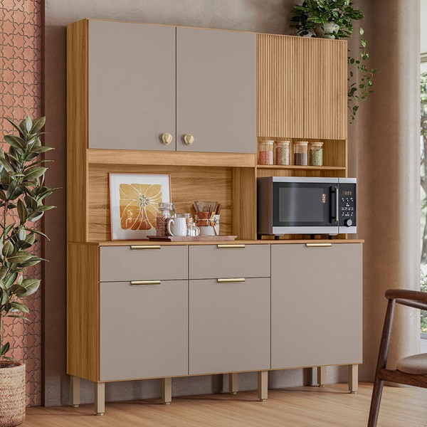 Cozinha Compacta Tropical 7 Portas 2 Gavetas Ripado 3d Freijó/Fendy - Nicioli