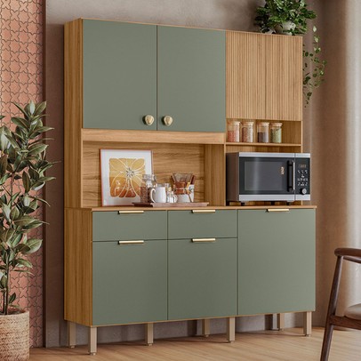 Cozinha Compacta Tropical 7 Portas 2 Gavetas Ripado 3d Freijó/Verde - Nicioli