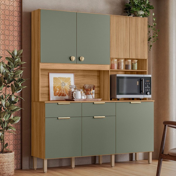 Cozinha Compacta Tropical 7 Portas 2 Gavetas Ripado 3d Freijó/Verde - Nicioli