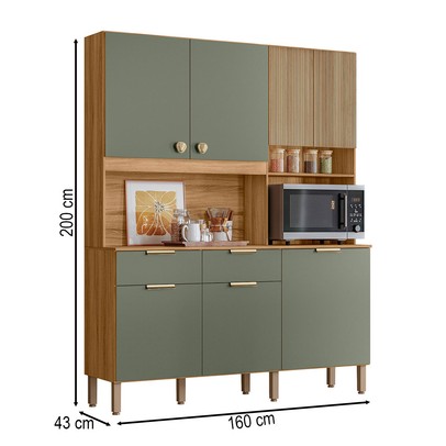 Cozinha Compacta Tropical 7 Portas 2 Gavetas Ripado 3d Freijó/Verde - Nicioli