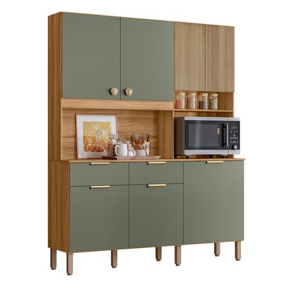 Cozinha Compacta Tropical 7 Portas 2 Gavetas Ripado 3d Freijó/Verde - Nicioli