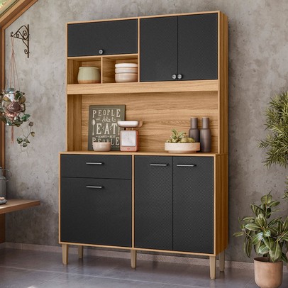 Cozinha Compacta Erva Doce 6 Portas 1 Gaveta Freijó/Preto Esfera - Nicioli