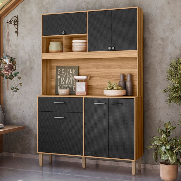 Cozinha Compacta Erva Doce 6 Portas 1 Gaveta Freijó/Preto Esfera - Nicioli