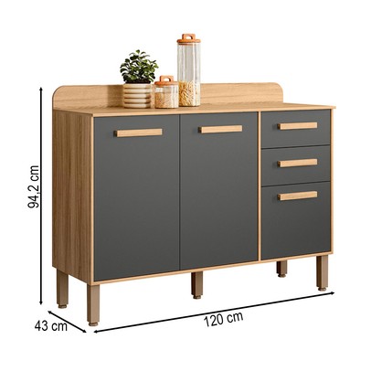 Balcão de Cozinha Maria Flor 3 Portas 2 Gavetas Freijó/Chumbo - Nicioli