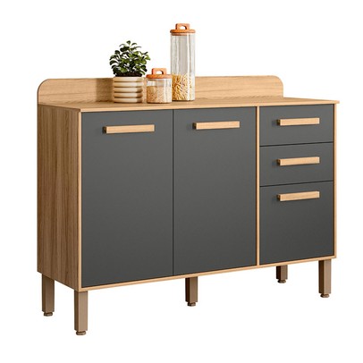 Balcão de Cozinha Maria Flor 3 Portas 2 Gavetas Freijó/Chumbo - Nicioli