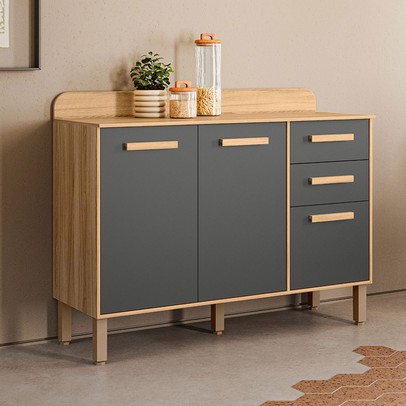 Balcão de Cozinha Maria Flor 3 Portas 2 Gavetas Freijó/Chumbo - Nicioli