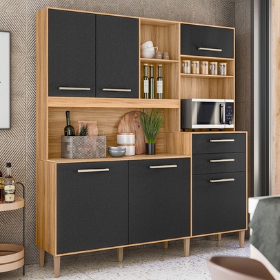 Cozinha Compacta Salsa 6 Portas 2 Gavetas Freijó/Preto Esfera - Nicioli