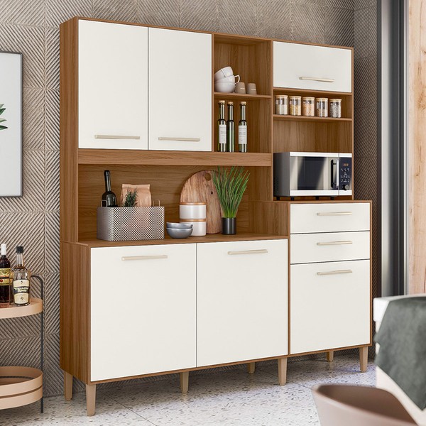 Cozinha Compacta Salsa 6 Portas 2 Gavetas Ipê/Off White Cristal - Nicioli
