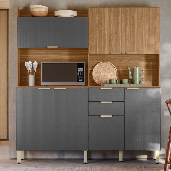 Cozinha Compacta Pitaya 7 Portas 2 Gavetas Amêndola/Grafito Prime Tx - Demobile