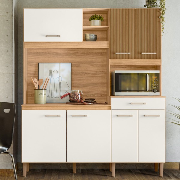Cozinha Compacta Yara 7 Portas 1 Gaveta Ripado 3d Freijó/Off White - Nicioli