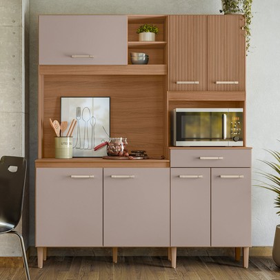 Cozinha Compacta Yara 7 Portas 1 Gaveta Ripado 3d Ipê/Fendy - Nicioli