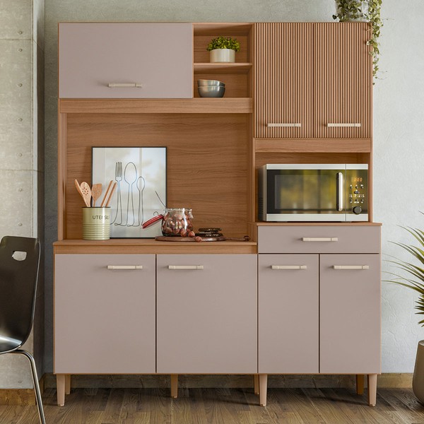 Cozinha Compacta Yara 7 Portas 1 Gaveta Ripado 3d Ipê/Fendy - Nicioli