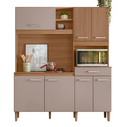 Cozinha Compacta Yara 7 Portas 1 Gaveta Ripado 3d Ipê/Fendy - Nicioli