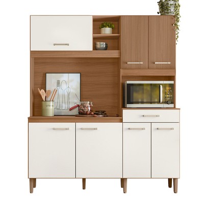 Cozinha Compacta Yara 7 Portas 1 Gaveta Ripado 3d Ipê/Off White - Nicioli