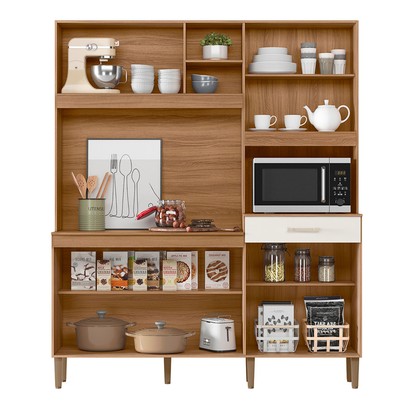 Cozinha Compacta Yara 7 Portas 1 Gaveta Ripado 3d Ipê/Off White - Nicioli
