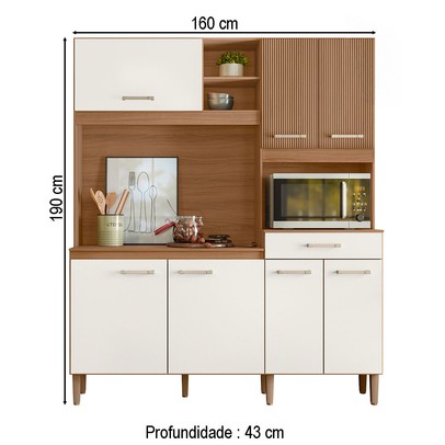 Cozinha Compacta Yara 7 Portas 1 Gaveta Ripado 3d Ipê/Off White - Nicioli