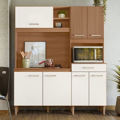 Cozinha Compacta Yara 7 Portas 1 Gaveta Ripado 3d Ipê/Off White - Nicioli