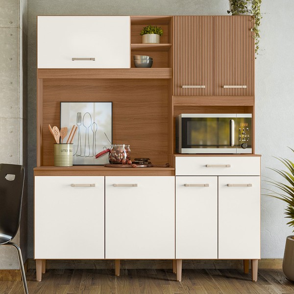 Cozinha Compacta Yara 7 Portas 1 Gaveta Ripado 3d Ipê/Off White - Nicioli