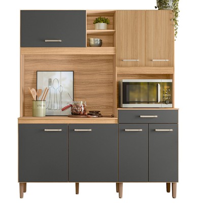 Cozinha Compacta Yara 7 Portas 1 Gaveta Ripado 3d Freijó/Chumbo - Nicioli