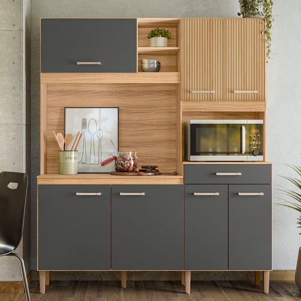 Cozinha Compacta Yara 7 Portas 1 Gaveta Ripado 3d Freijó/Chumbo - Nicioli