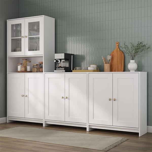 Armário de Cozinha com Balcão Americano 8 Portas com Tampo Branco - Pnr Móveis