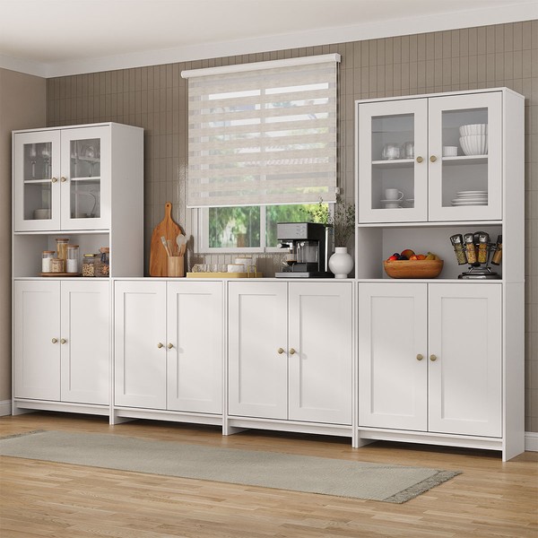 Armario de Cozinha com Balcão Americano 12 Portas com Tampo Branco - Pnr Móveis