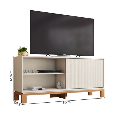 Rack para TV Até 55 Polegadas Mondrian 1 Porta 1 Prateleira Ripado 3d Off White/Freijó - Caemmun