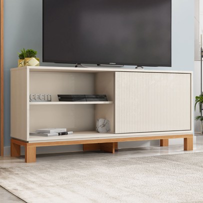 Rack para TV Até 55 Polegadas Mondrian 1 Porta 1 Prateleira Ripado 3d Off White/Freijó - Caemmun