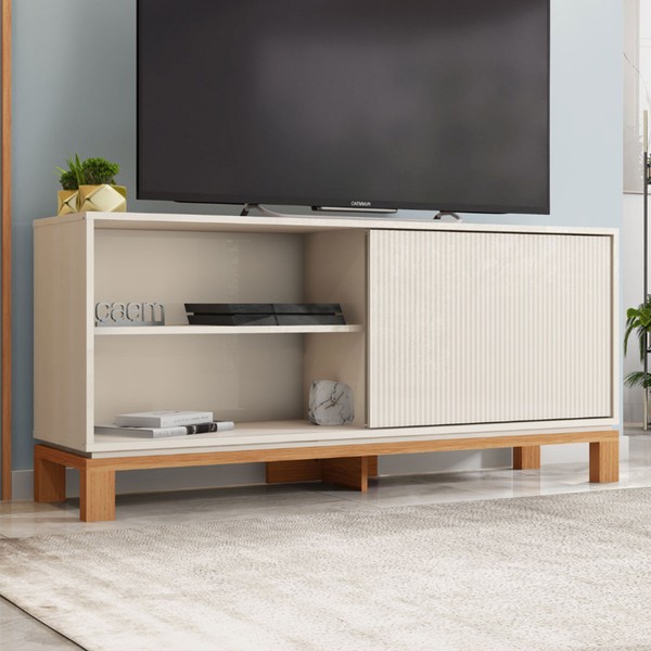 Rack para TV Até 55 Polegadas Mondrian 1 Porta 1 Prateleira Ripado 3d Off White/Freijó - Caemmun