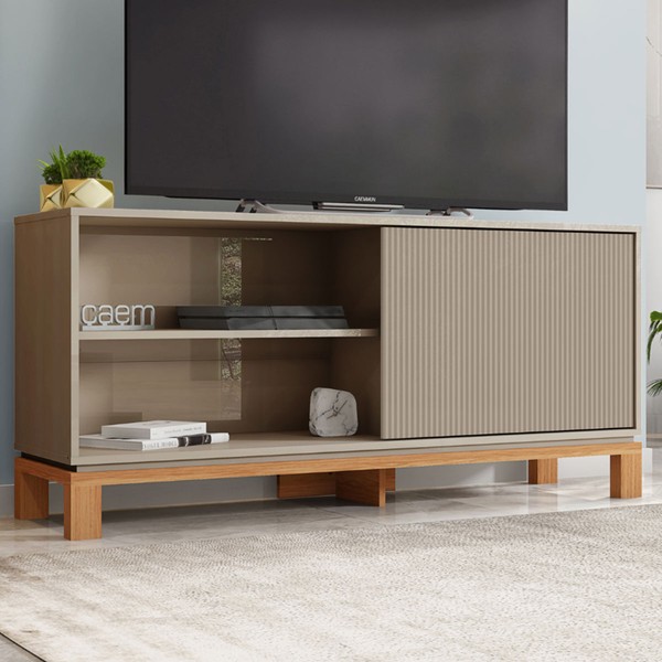 Rack para TV Até 55 Polegadas Mondrian 1 Porta 1 Prateleira Ripado 3d Sued/Freijó - Caemmun