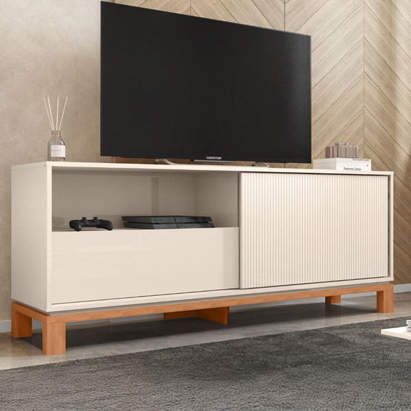 Rack para TV Até 55 Polegadas Mondrian 1 Porta 1 Gaveta Ripado 3d Off White/Freijó - Caemmun