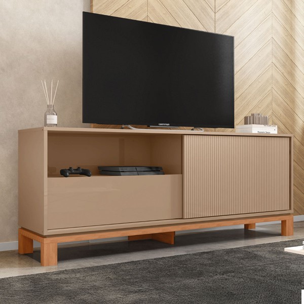 Rack para TV Até 55 Polegadas Mondrian 1 Porta 1 Gaveta Ripado 3d Sued/Freijó - Caemmun