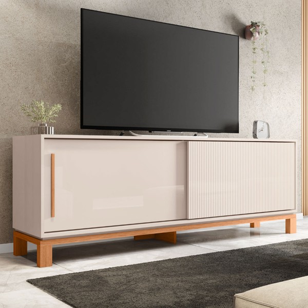 Rack para TV Até 65 Polegadas Mondrian 2 Portas Ripado 3d Off White/Freijó - Caemmun