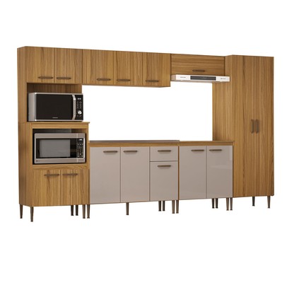 Armário de Cozinha Boston com Balcão para Pia e Cooktop 15 Portas 1 Gaveta Ipê/Cristalo - Pnr Móveis