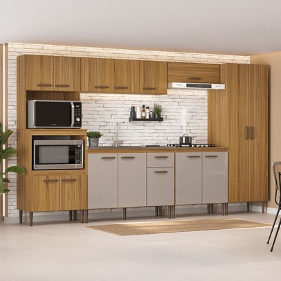 Armário de Cozinha Boston com Balcão para Pia e Cooktop 15 Portas 1 Gaveta Ipê/Cristalo - Pnr Móveis