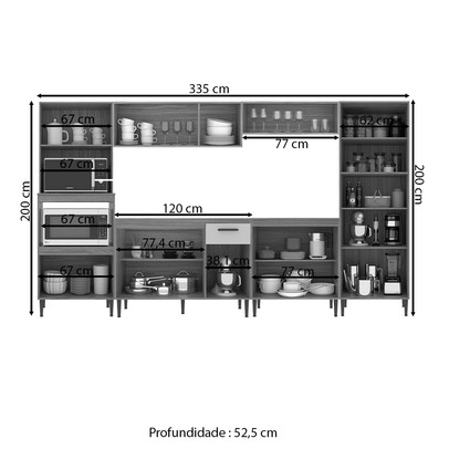 Armário de Cozinha Boston com Balcão para Pia e Cooktop 15 Portas 1 Gaveta Ipê/Cristalo - Pnr Móveis