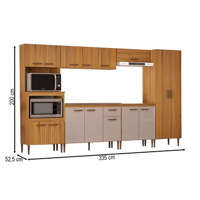 Armário de Cozinha Boston com Balcão para Pia e Cooktop 15 Portas 1 Gaveta Ipê/Cristalo - Pnr Móveis