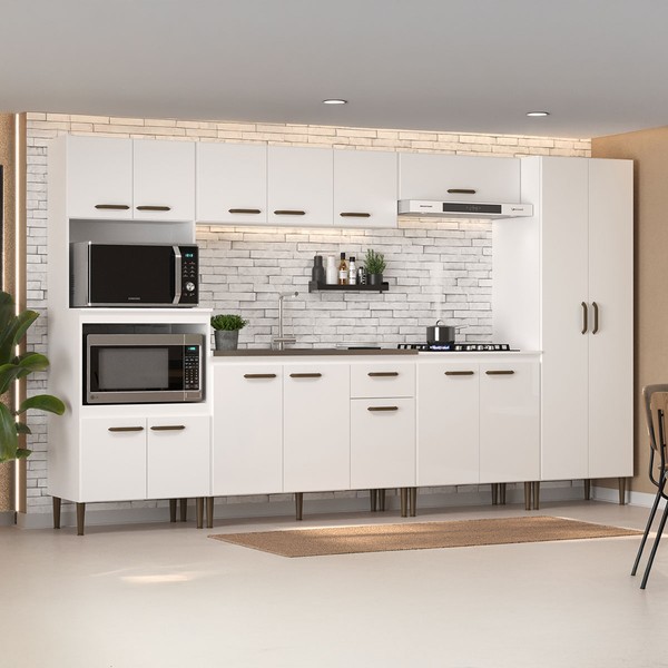 Armário de Cozinha Boston com Balcão para Pia e Cooktop 15 Portas 1 Gaveta Branco - Pnr Móveis